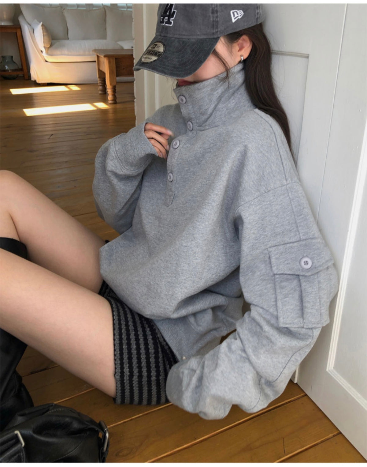 Korean Collection Loose-Fit High-Neck Sweatshirt (Instock)