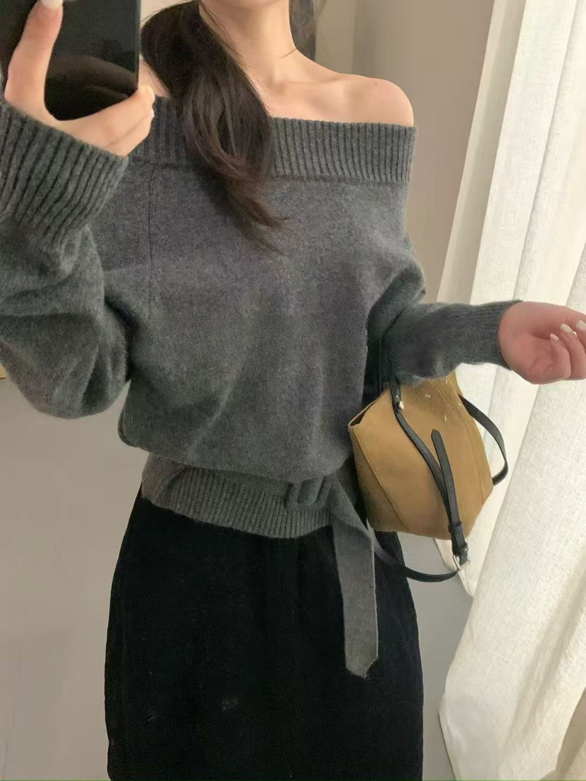 Kelly Designs Off-Shoulder Rabbit Hair Knit Sweater with Belt (Instock)