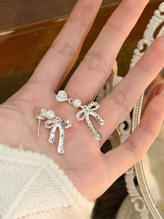 Kelly Designs Sterling Silver Lace Bow Pearl Dangle Earrings (Instock)