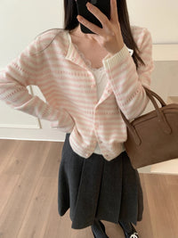 Kelly Designs Pink & Cream Striped Pointelle Cardigan – 100% Wool (Instock)