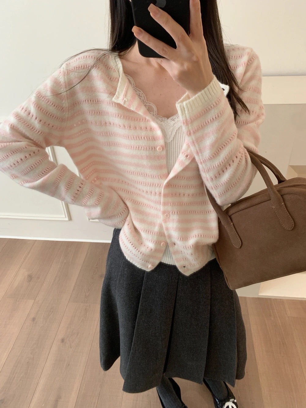 Kelly Designs Pink & Cream Striped Pointelle Cardigan – 100% Wool (Instock)