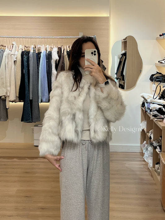 Kelly Designs Mix Grey Fox Fur Jacket with High Neck (Instock)