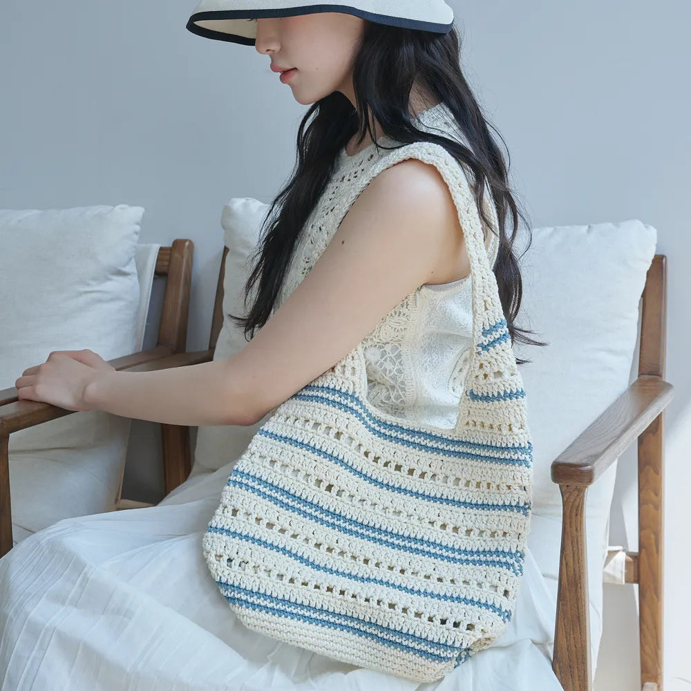 Korean Pippi Striped Crochet Shoulder Bag – Cream & Blue (Instock)