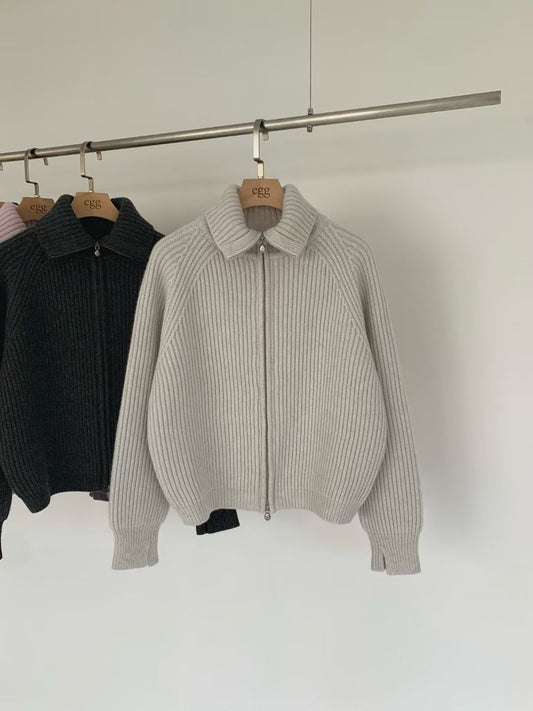 Korean APM Collection EGG PREMIUM CASHMERE SUPER FINE MERINO WOOL Zip Up Beige Cardigan (Instock)