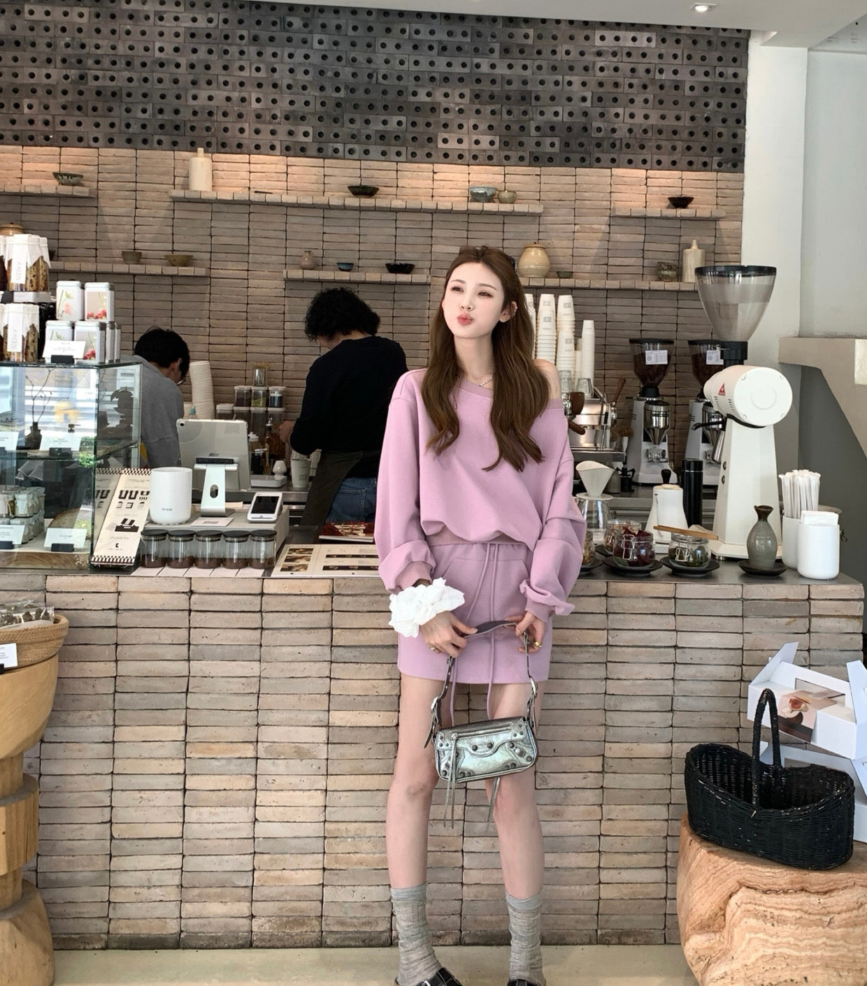 Kelly Designs Off-Shoulder Sweatshirt & Shorts Set - Purple/Beige (Instock)