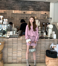 Kelly Designs Off-Shoulder Sweatshirt & Shorts Set - Purple/Beige (Instock)