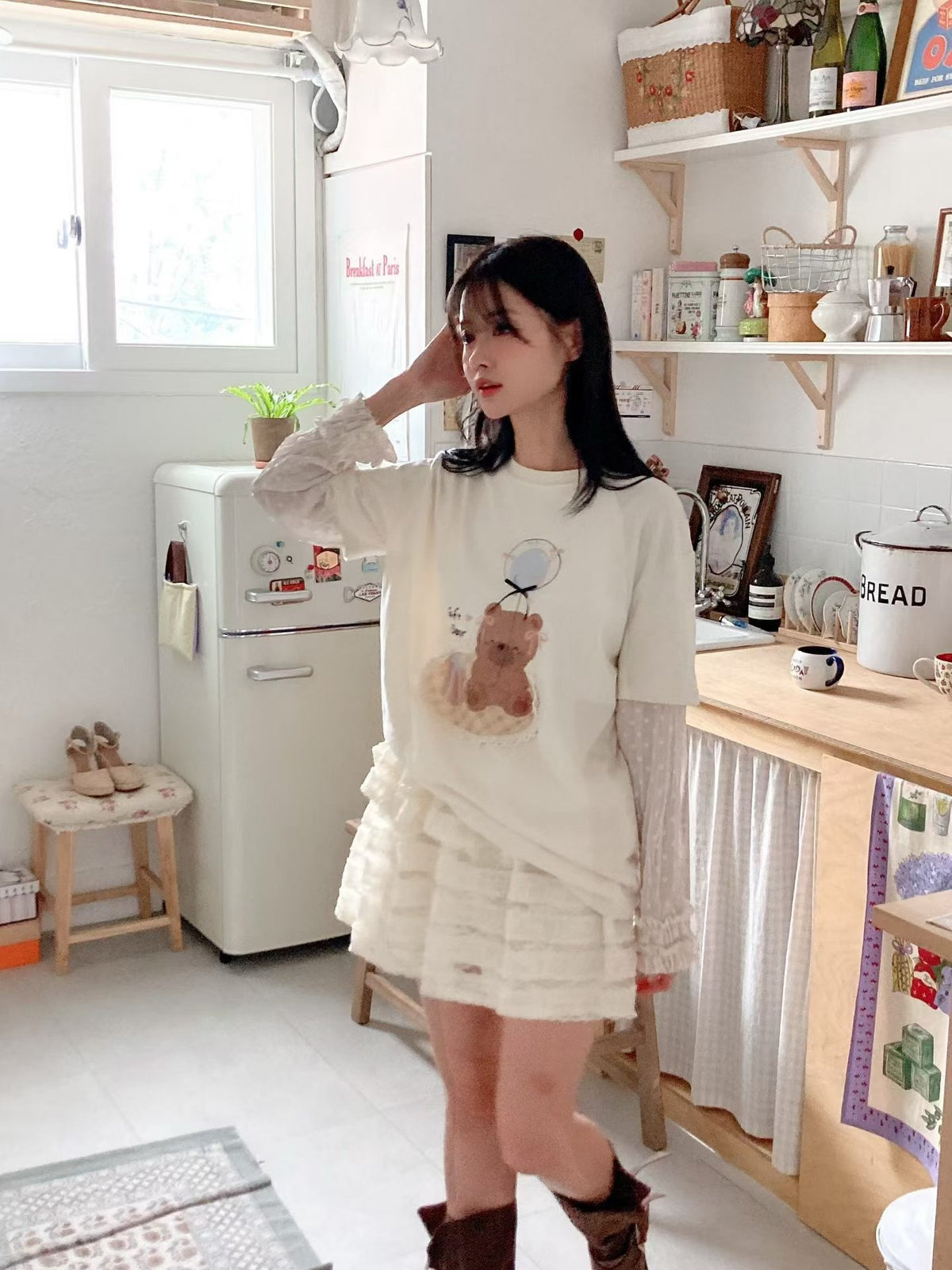 Korean APM Collection Bear Graphic Layered Lace Long Sleeve Tee (Instock)