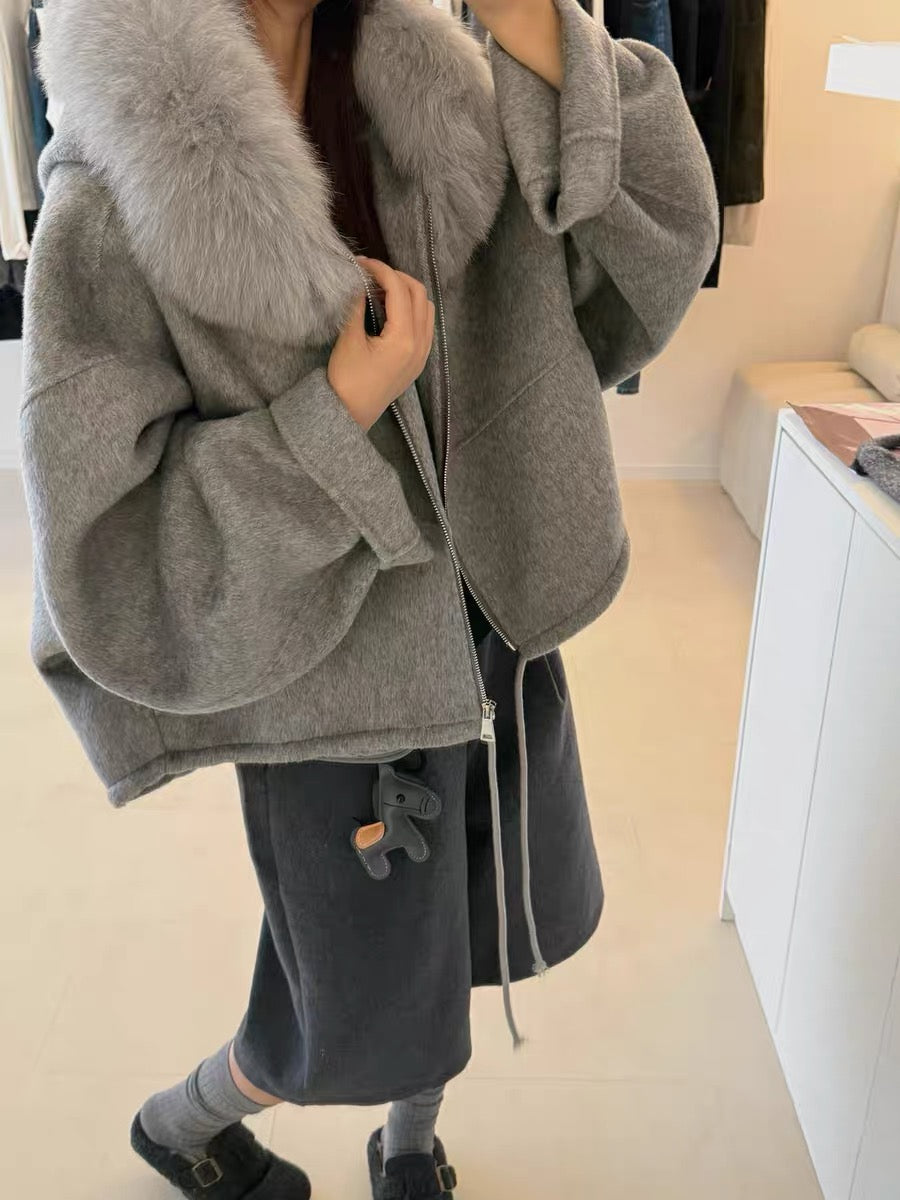 Kelly Designs Fox Fur Hoodie Zip Up Grey Wool Coat (Instock）