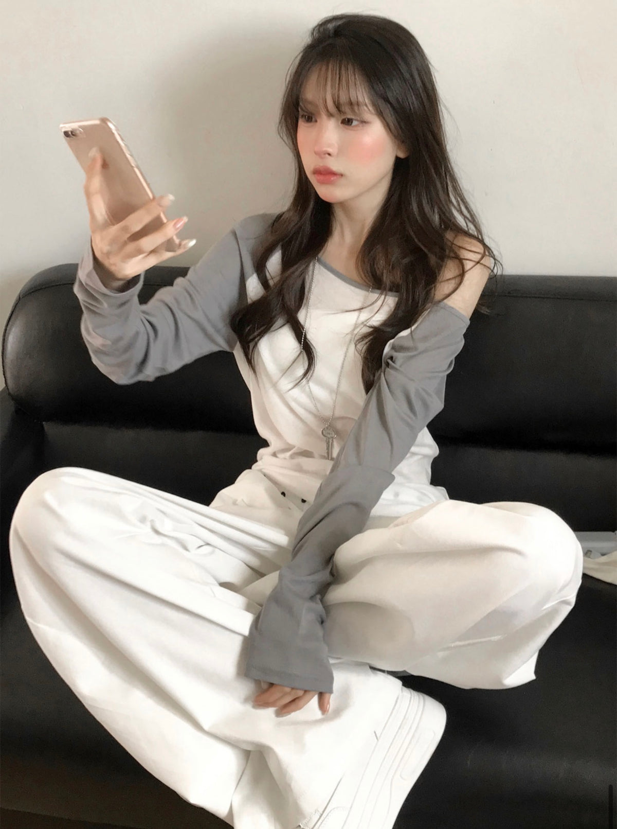 Korean Asymmetric Off-Shoulder Contrast Long Sleeve Top - 4 Colors (Instock)