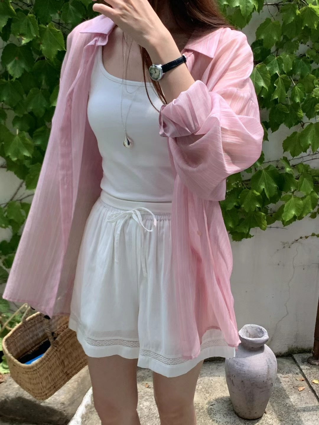 Korean APM Collection Stripe Pink Blouse & Shorts (Instock)