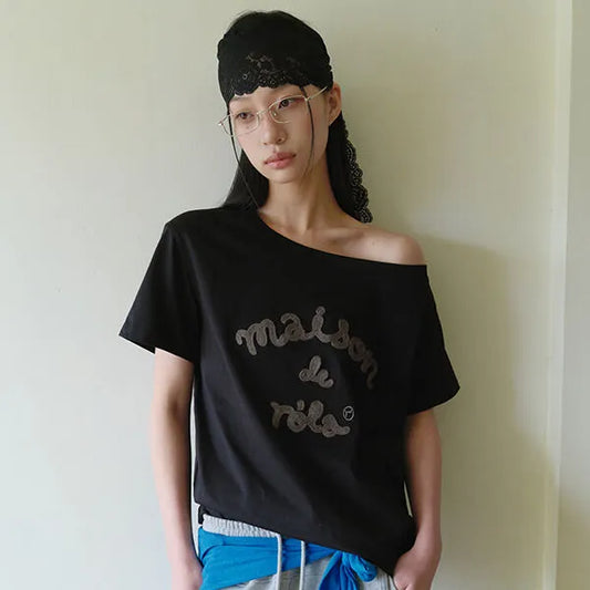 Rolarola Embroidery Off Shoulder Tshirt Off Black (Preorder)