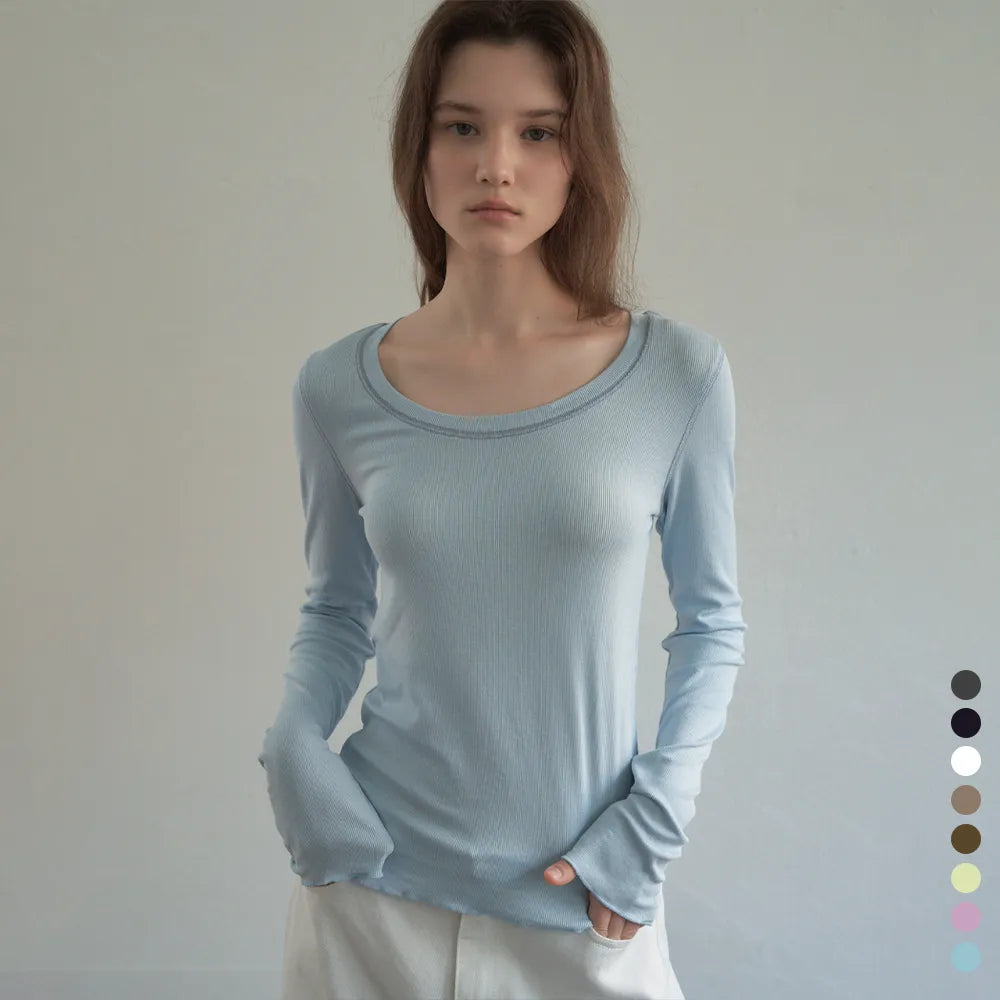 Korean Soft U-Neck Contrast Stitch Long Sleeve Top – 7 Colors (Instock)