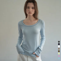 Korean Soft U-Neck Contrast Stitch Long Sleeve Top – 7 Colors (Instock)