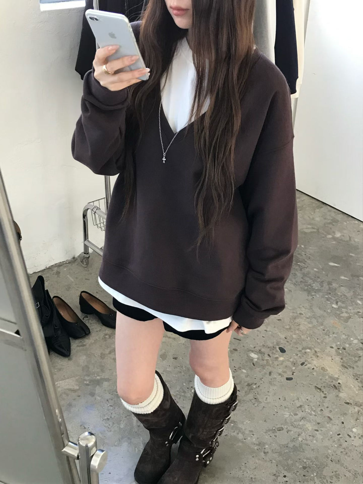 Korean APM Collection Relaxed Deep V-Neck Sweatshirt (Instock)