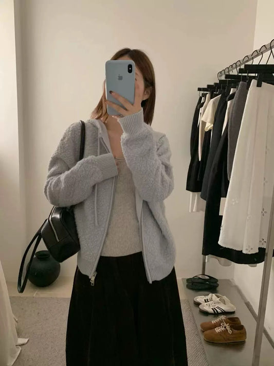 Kelly Designs Wool Textured Knit Zip Blue Hoodie (Instock)