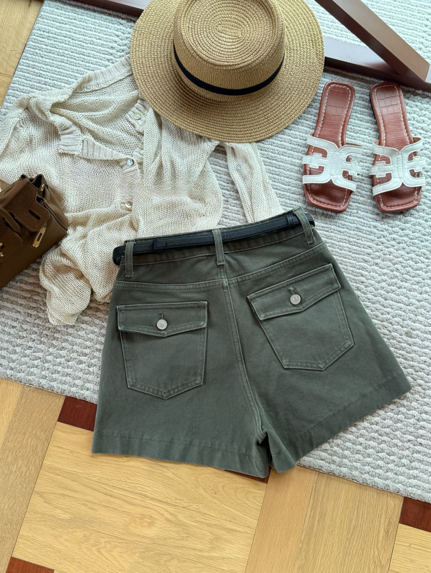 Kelly Designs Soft Denim Shorts With Belt -Charcoal Green (Instock)