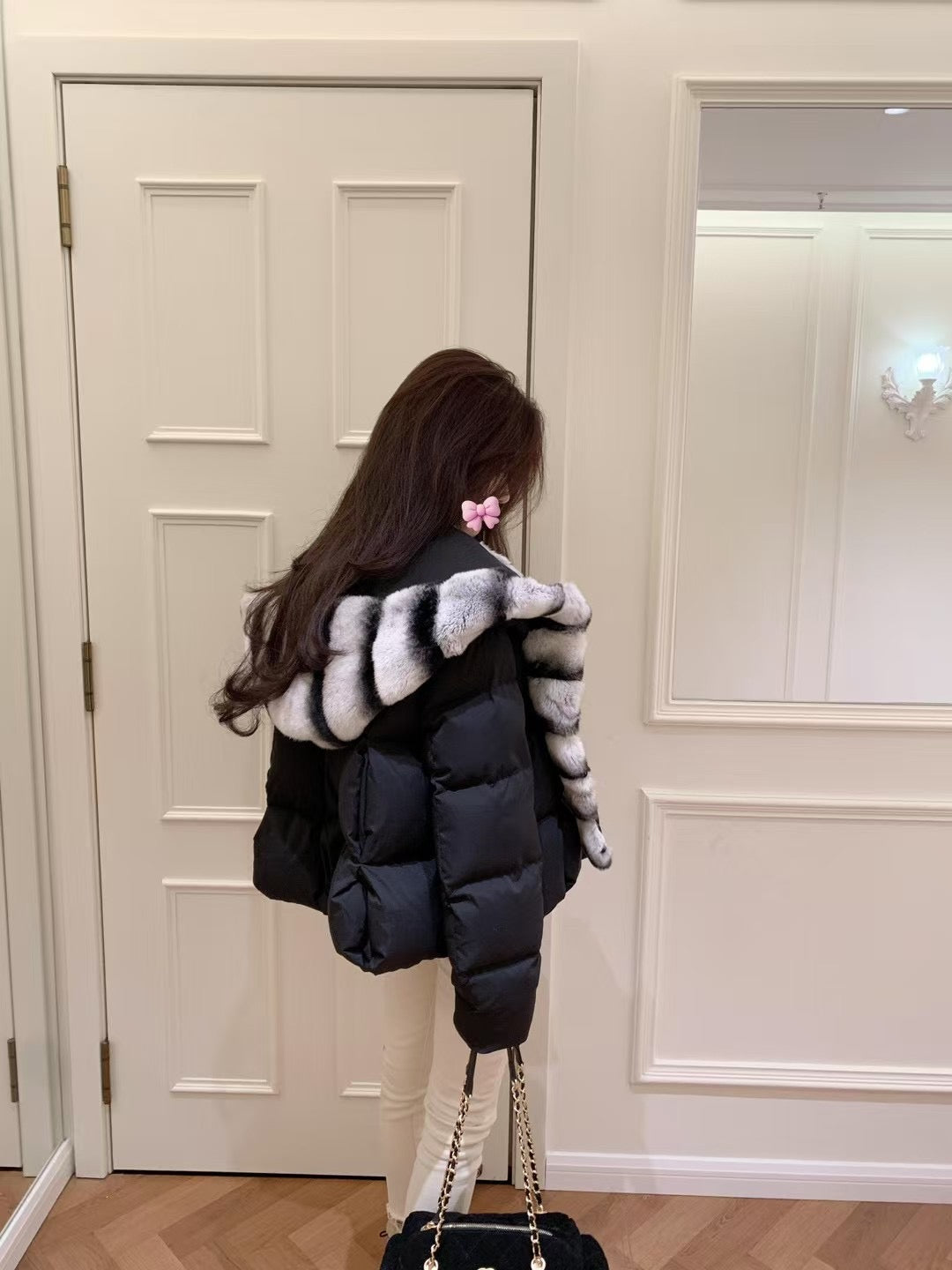 Kelly Designs Goose Down Jacket with Imported Rex Rabbit Fur Hood – Elegant & Ultra Warm-Black/White (Instock)