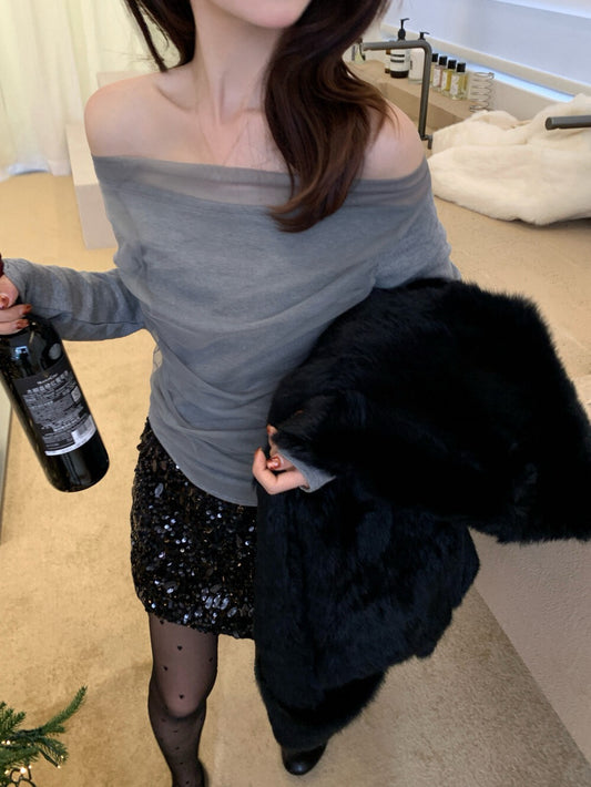 Kelly Designs Off-Shoulder Mesh Ruched Long Sleeve Top (Light Fleece) (Instock)