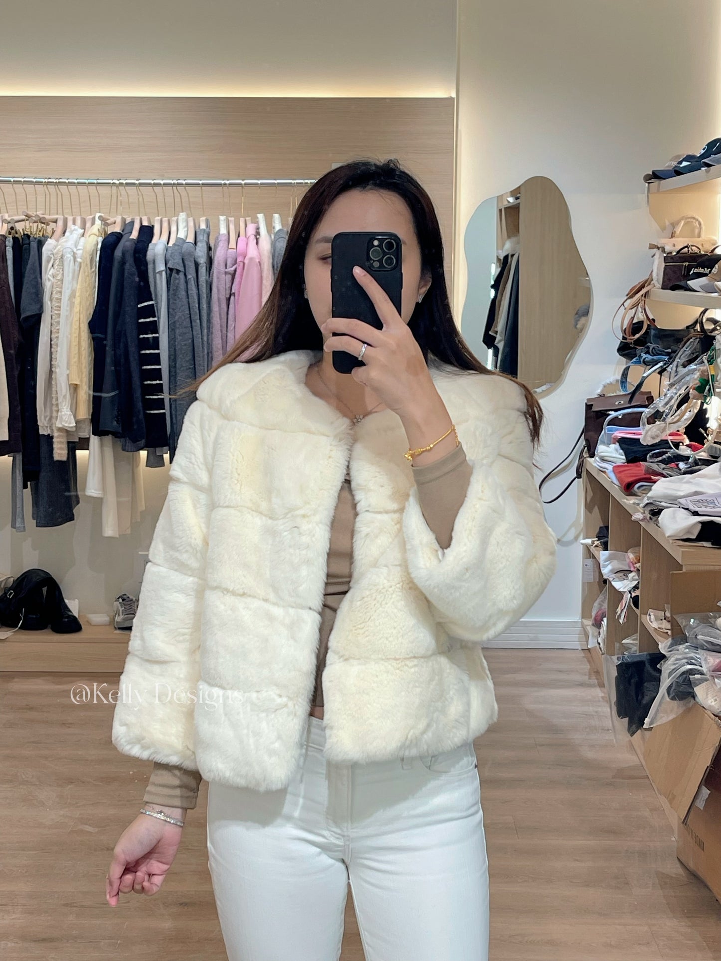 Kelly Designs Imported Rex Rabbit Fur Jacket – Ivory White | New Year Rabbit (Instock)
