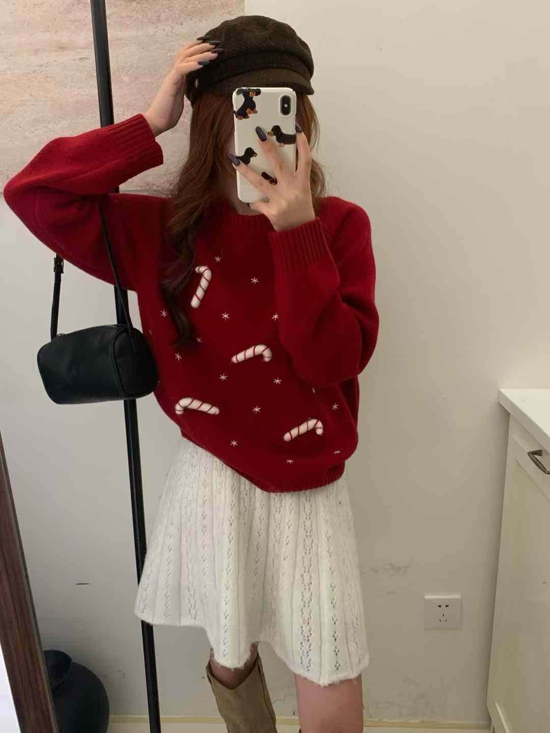 Kelly Designs Christmas Straw Red Wool Sweatshirt (Instock)