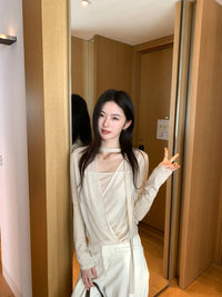 Kelly Designs Chiffon V-neck Beige top with scarf (Instock)