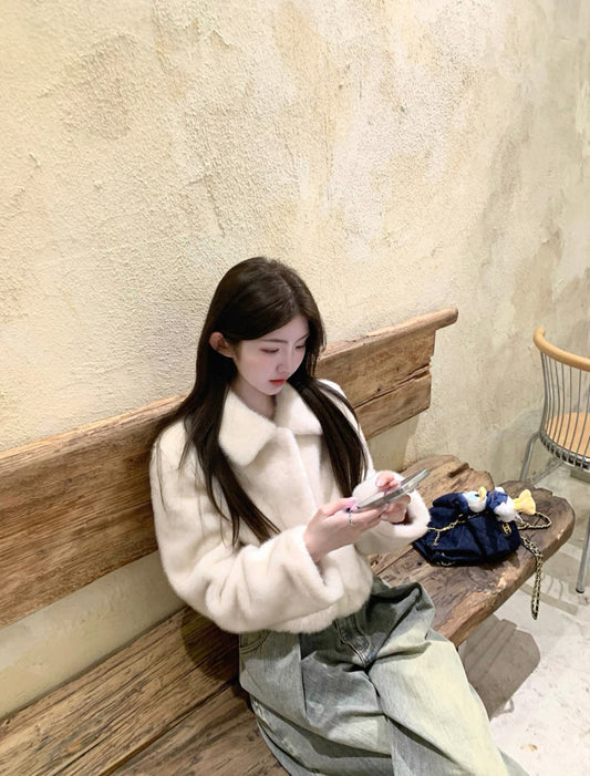 Kelly Designs Chic Faux Mink Short Jacket – Eco-Friendly Plush Fur White Coat (Instock)