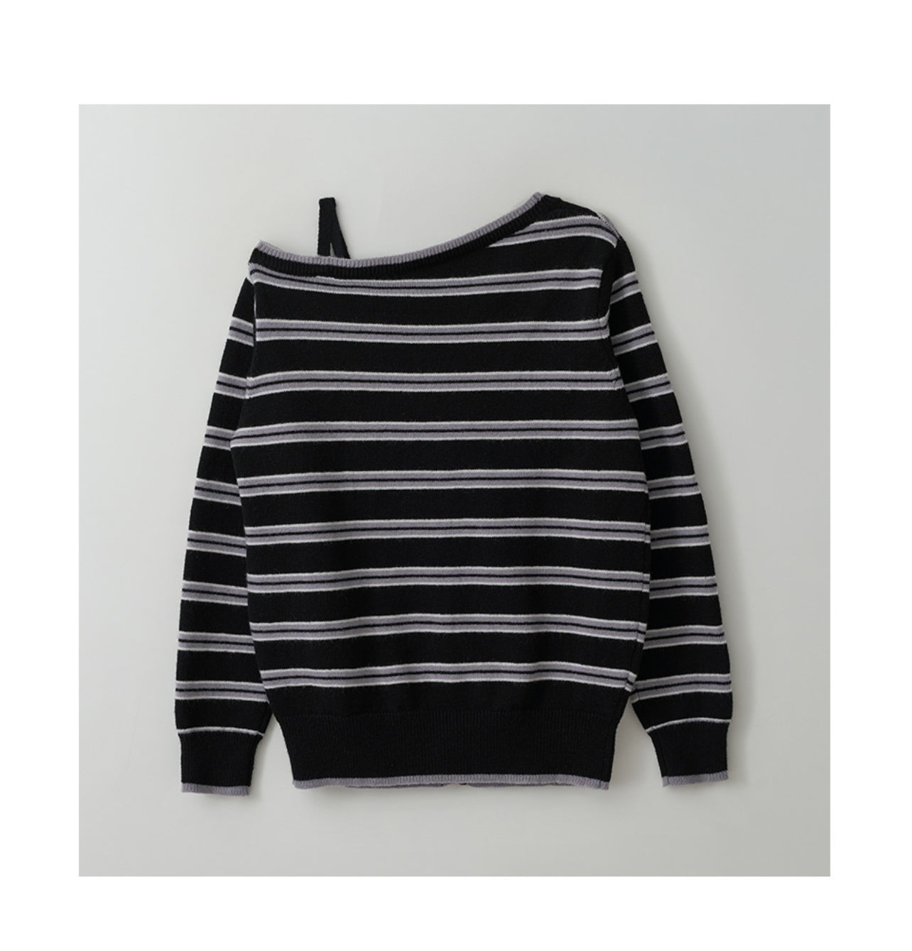 Korean Collection Rolaroal ONE OFF SHOULDER STRIPE WOOL BLENDED Cardigan Black (Instock)
