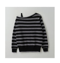 Korean Collection Rolarola ONE OFF SHOULDER STRIPE WOOL BLENDED Cardigan Black (Instock)