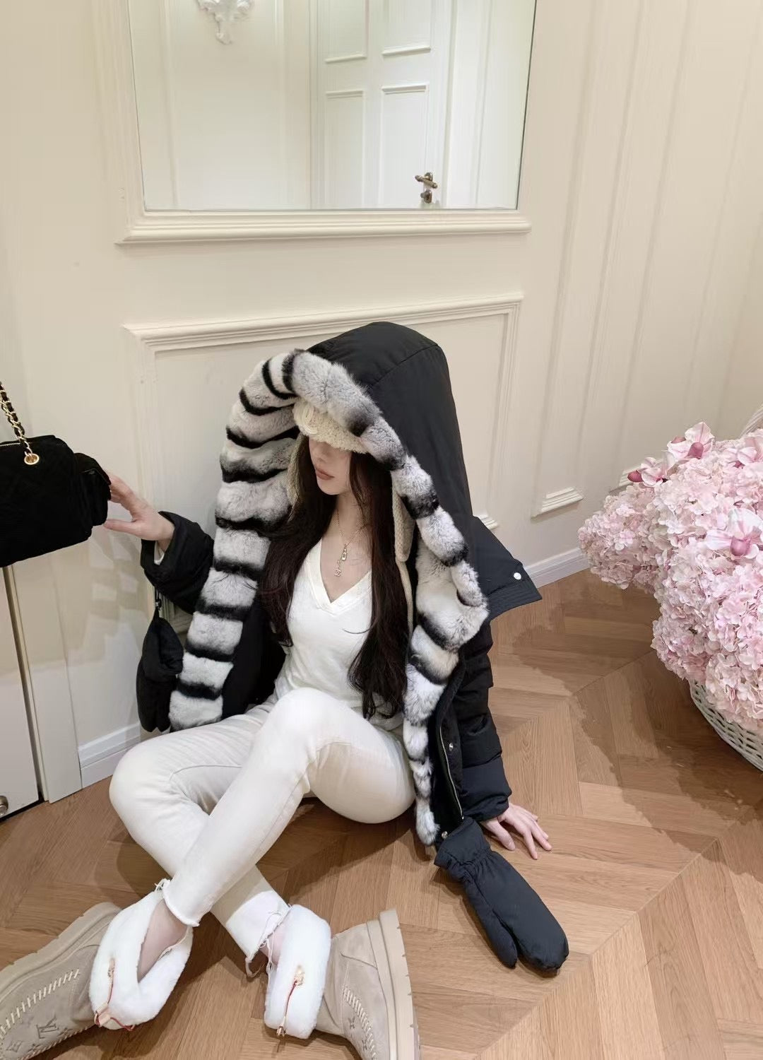 Kelly Designs Goose Down Jacket with Imported Rex Rabbit Fur Hood – Elegant & Ultra Warm-Black/White (Instock)