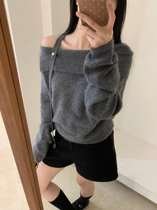 Kelly Designs 95.8% Wool Asymmetric Off-Shoulder Knit Sweater (Instock)