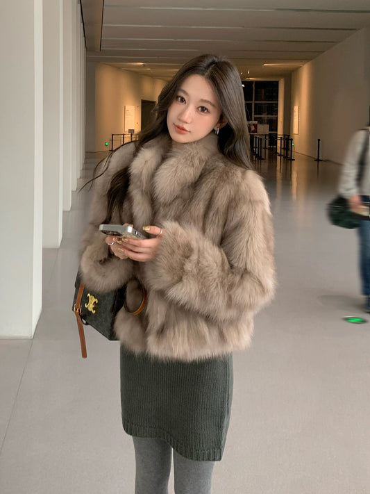 Kelly Designs Brown Grey Fox Fur High Neck Jacket (Instock)