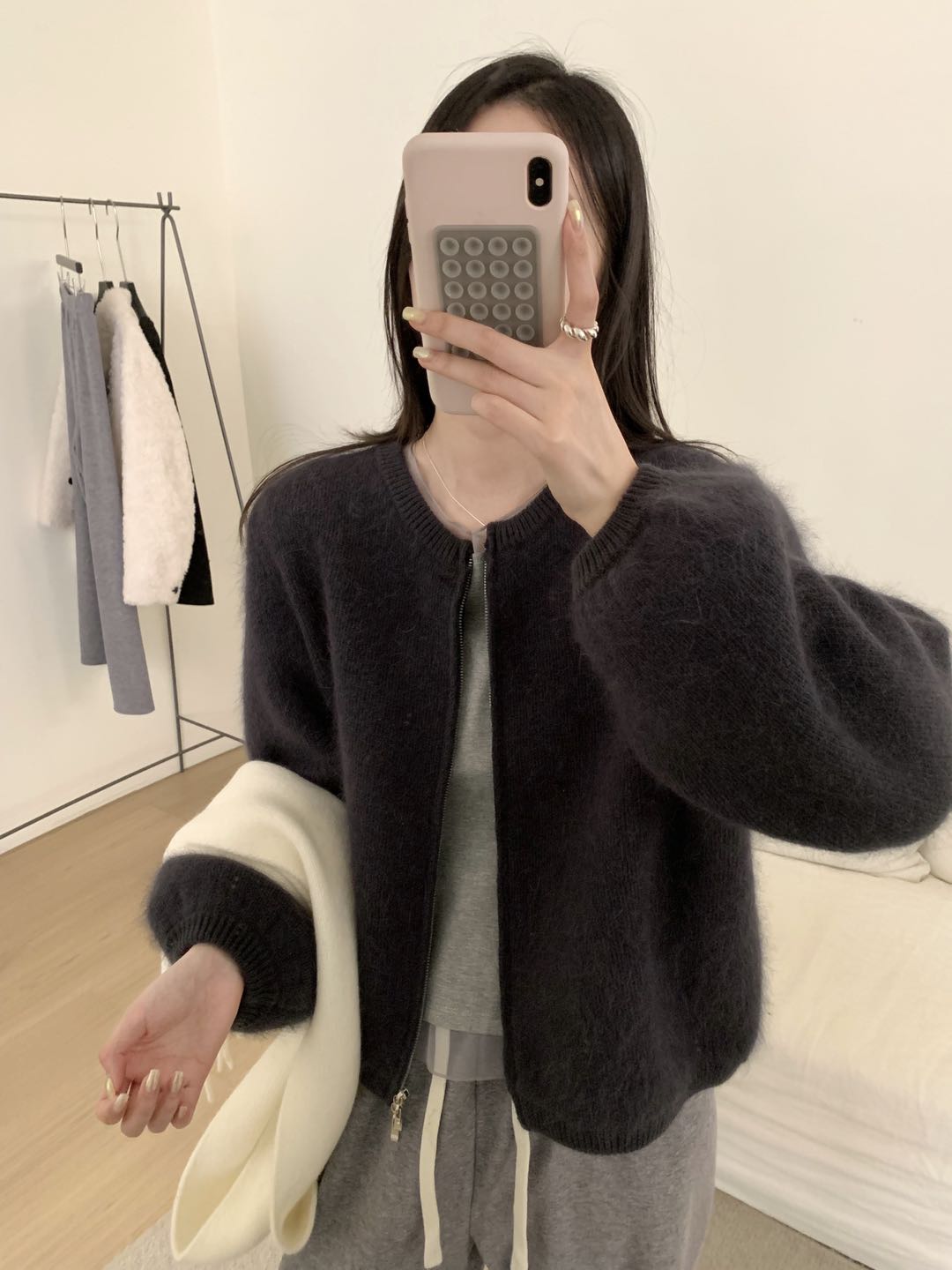 Kelly Designs Raccoon Wool Zip-Up Knit Dark Grey Cardigan – Soft & Fluffy (Instock)