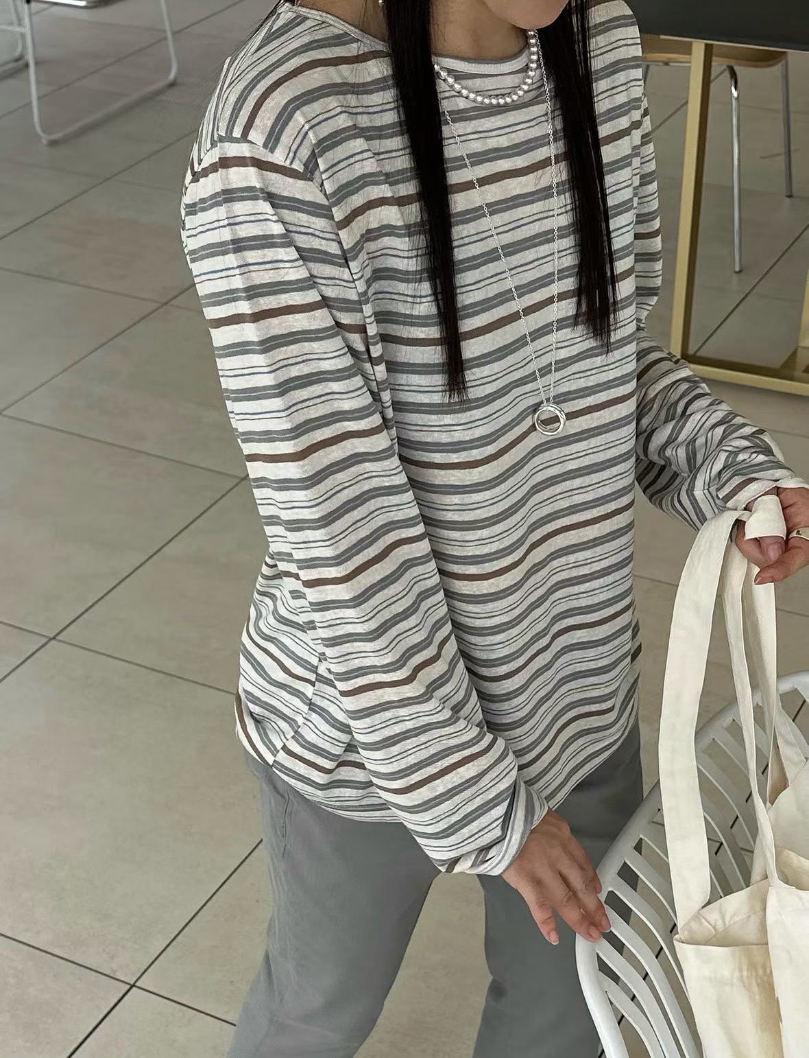 Korean APM Collection Brown Stripe Long Sleeves Tshirt (Instock)
