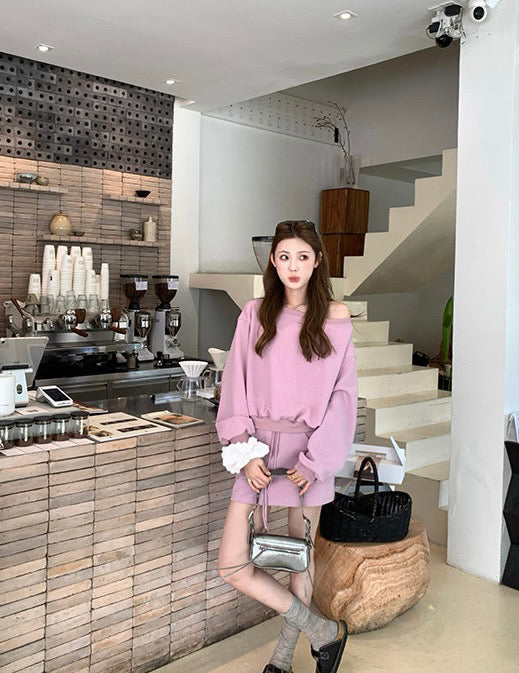 Kelly Designs Off-Shoulder Sweatshirt & Shorts Set - Purple/Beige (Instock)