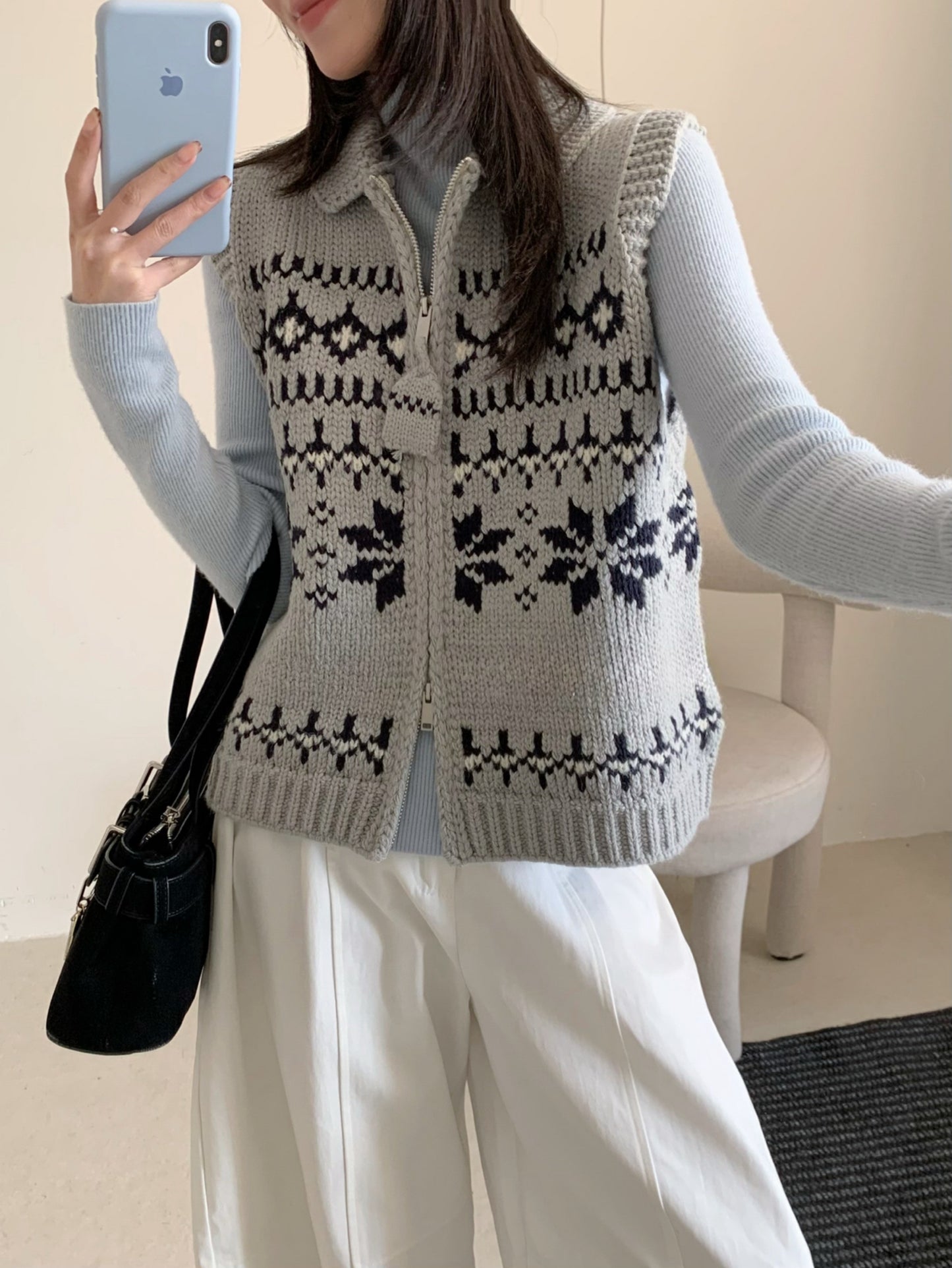 Kelly Designs Fair Isle Double-Zip Knit Vest – Cozy & Versatile-Grey (Instock)