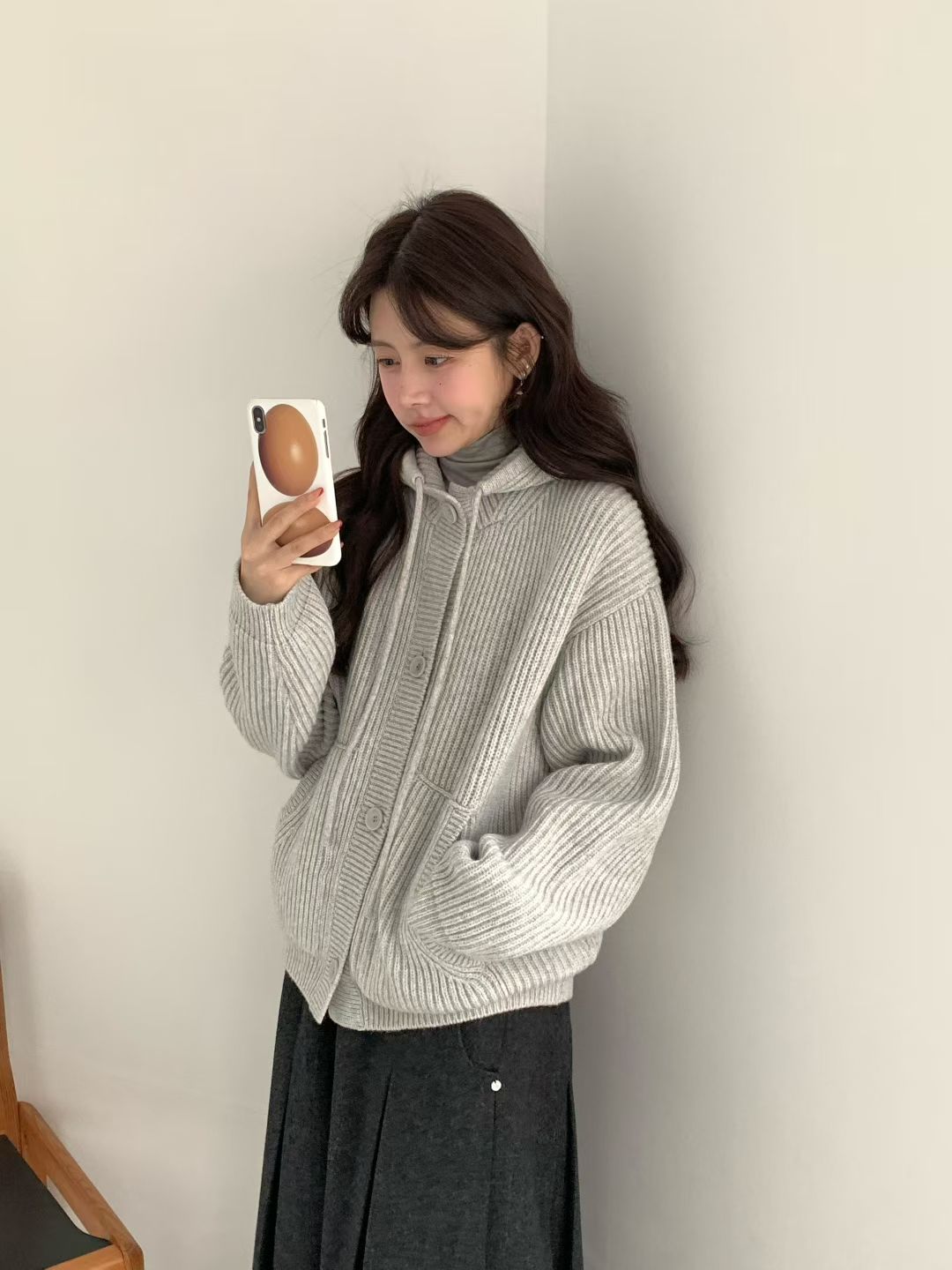 Korean APM Collection EGG Button Up Light Grey Hoodie Wool Cardigan (Instock)