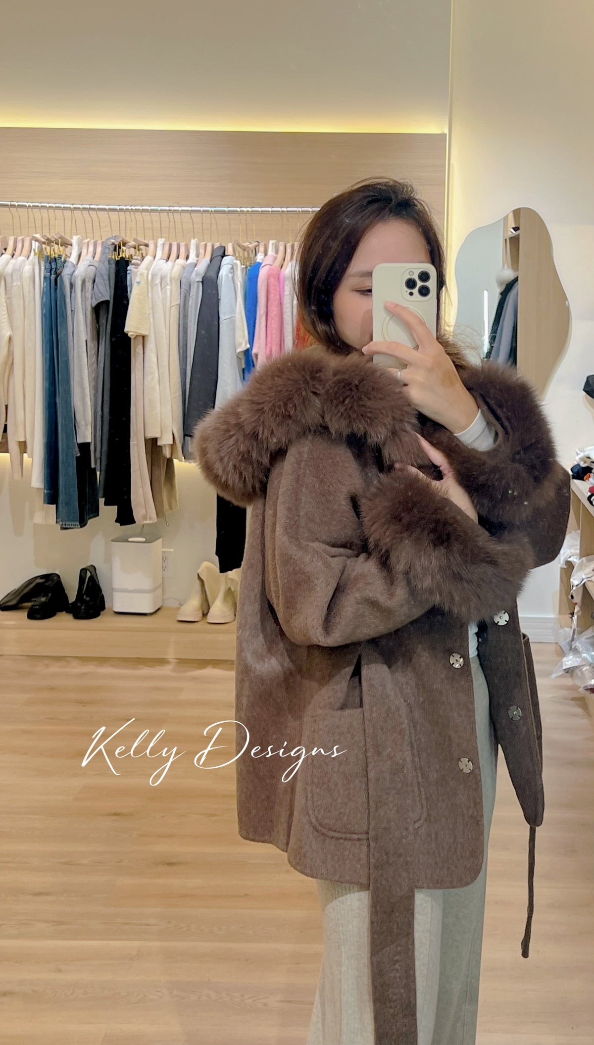 Kelly Designs Fox Fur Brown Wool Coat (Instock)