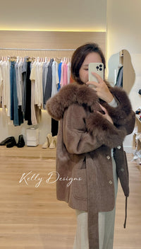 Kelly Designs Fox Fur Brown Wool Coat (Instock)