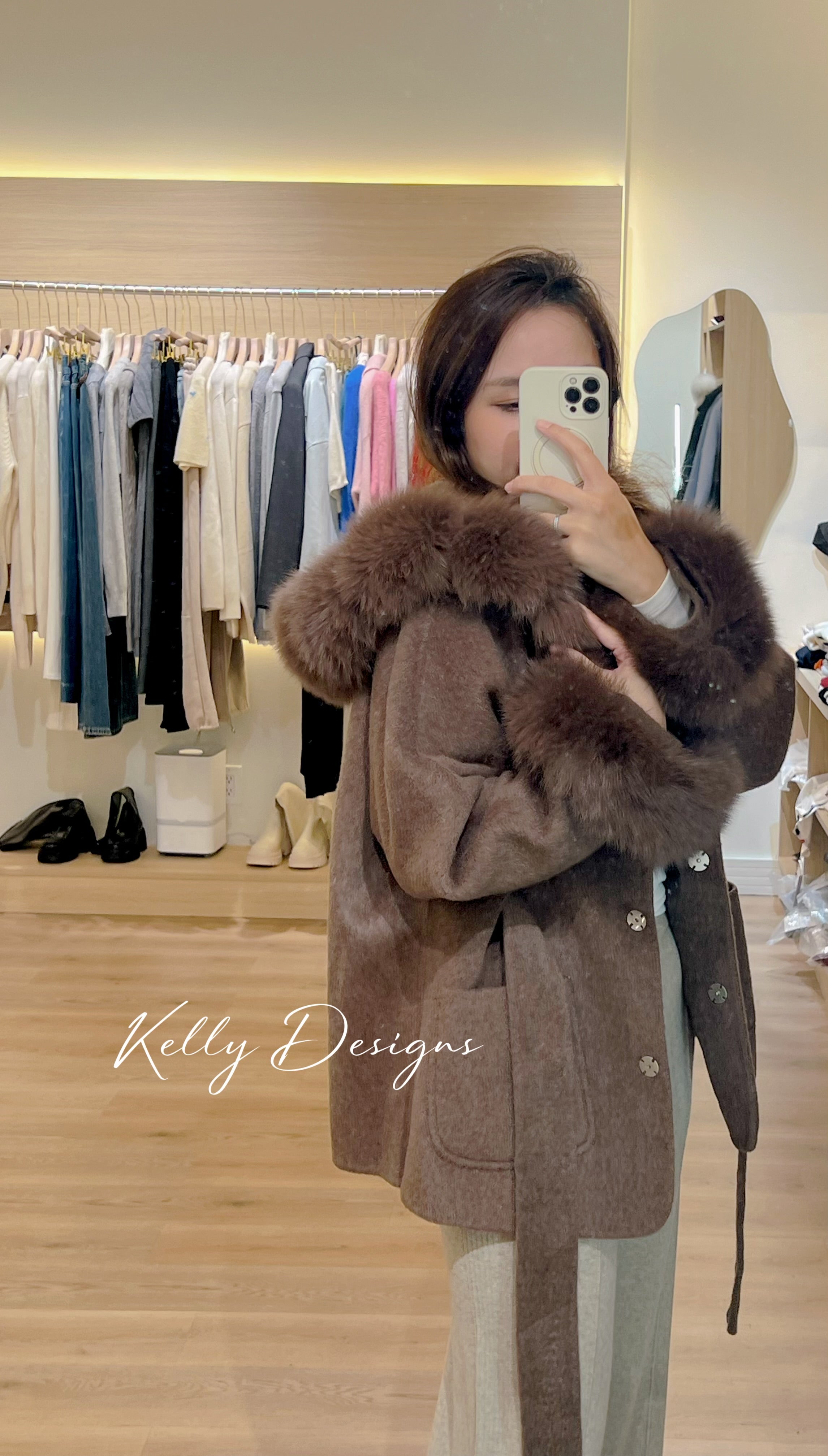 Kelly Designs Fox Fur Brown Wool Coat (Instock)