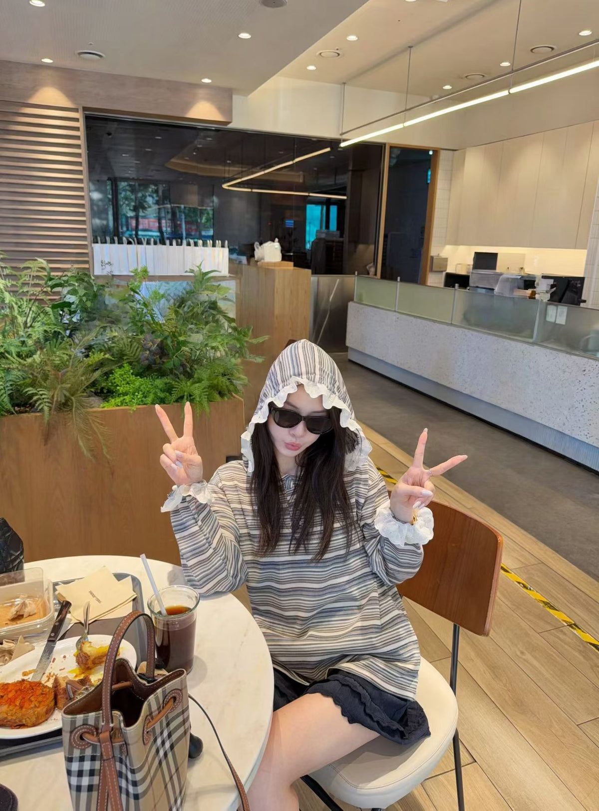 Korean Collection Lace-Trim Striped Hooded Top (Instock)