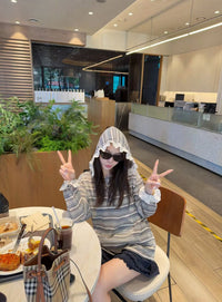 Korean Collection Lace-Trim Striped Hooded Top (Instock)