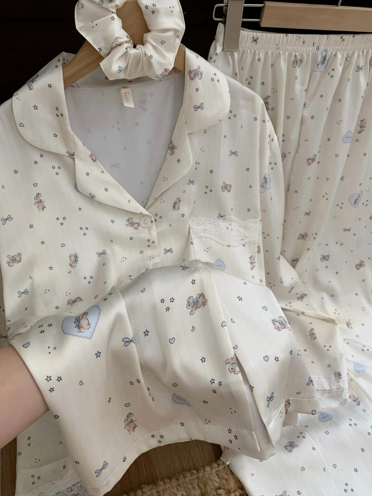 Kelly Designs Bunny Print Satin Pajama Set with Lace Trim & Scrunchie (Instock)