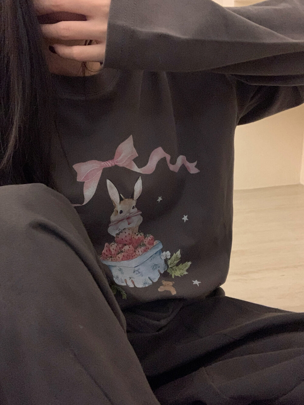 Kelly Designs Brushed Cotton Long-Sleeve Tee – Bow Strawberry Bunny Print (Instock)