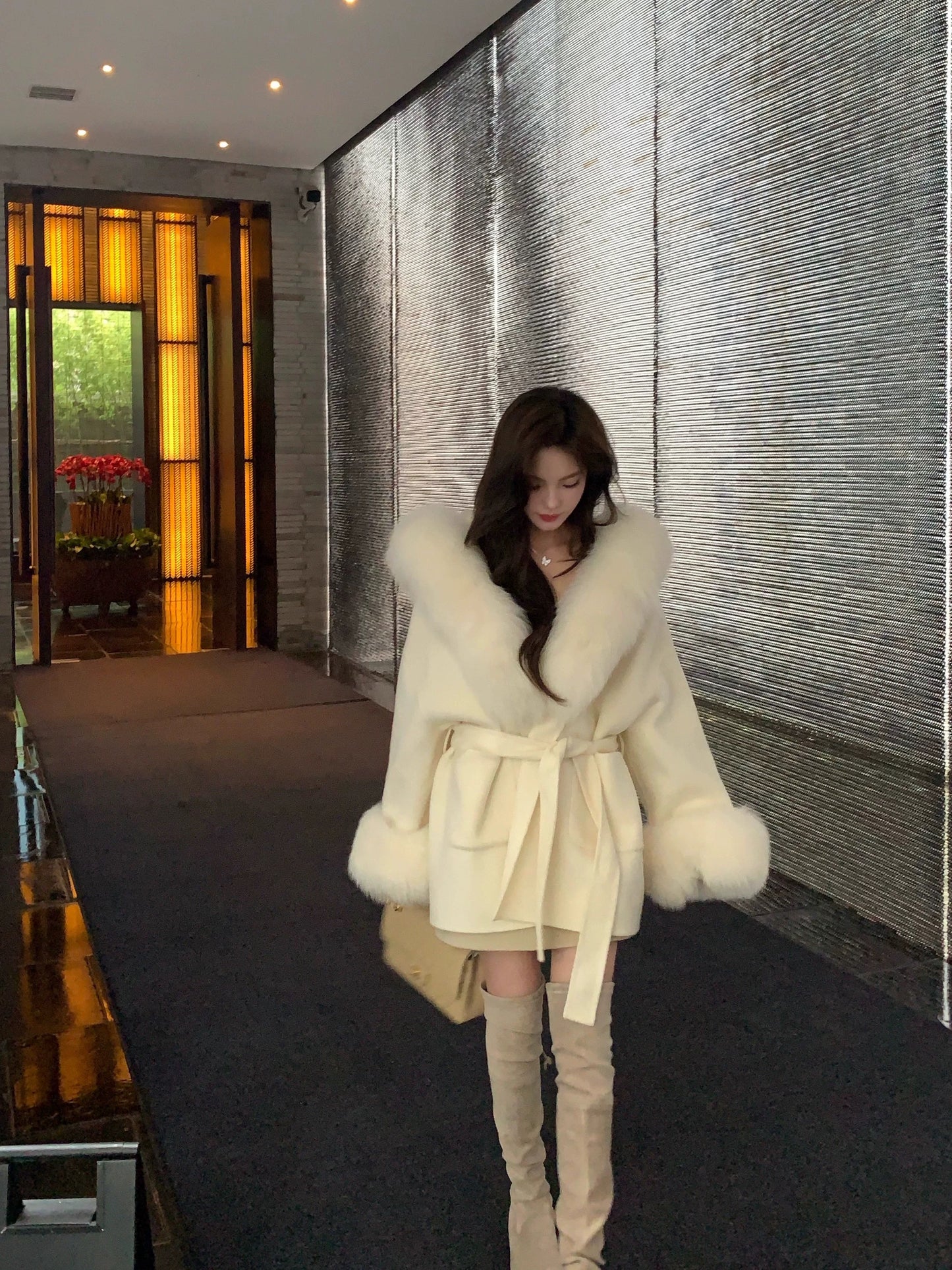 Kelly Designs Fox Fur Wool Coat - White/Black (Instock)