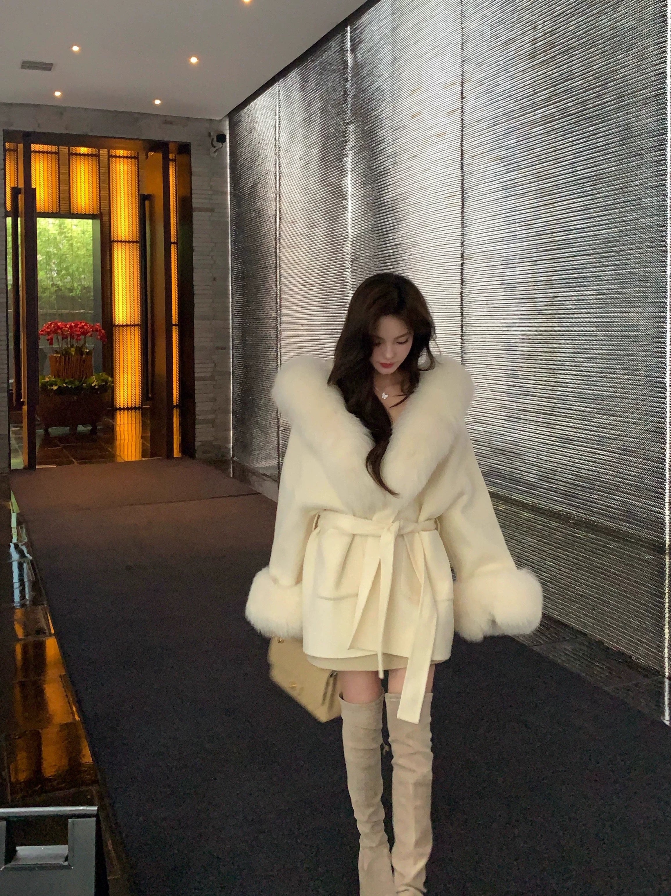 Kelly Designs Fox Fur Wool Coat - White/Black (Instock)