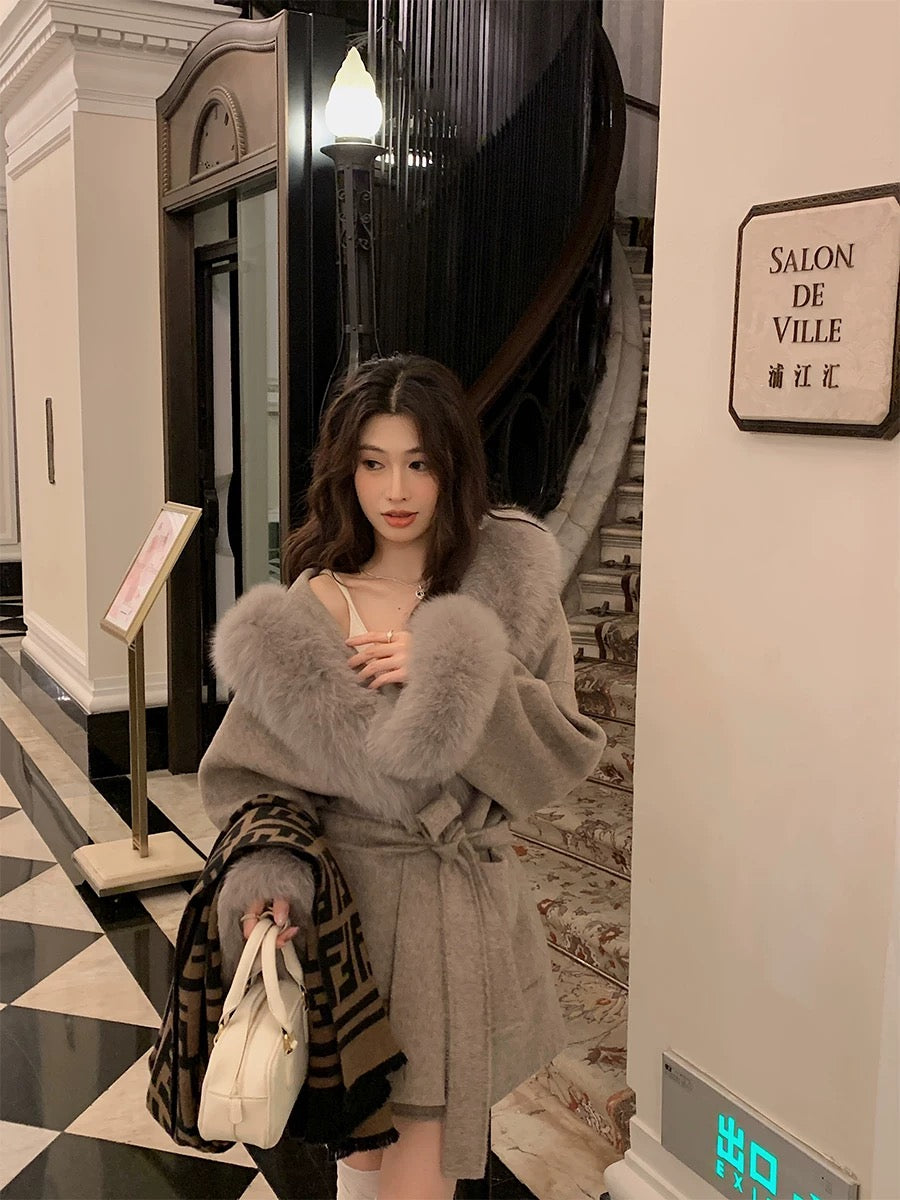 Kelly Designs Fox Fur Wool Khaki Coat (Instock)