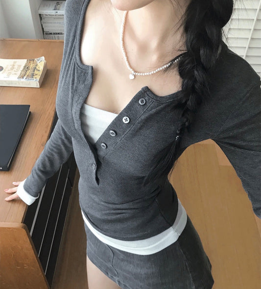 Korean Collection Fake 2Pcs Grey Top (Instock)