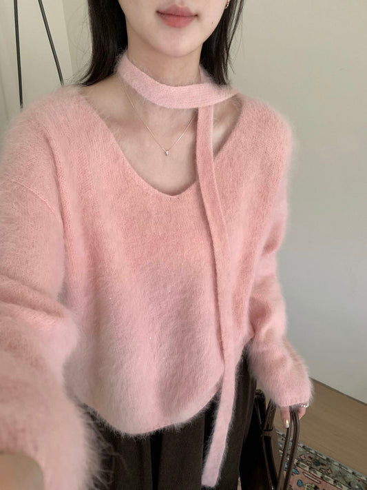 Kelly Designs Soft Mink-Touch V-Neck Knit Sweater with Matching Scarf Tie (Instock)