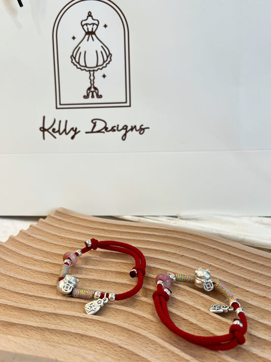 Kelly Designs Red String Cat&Pink Crystal Coins Bracelet (Instock)