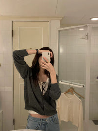 Korean APM Collection Ounce Mia Deep V-Neck Wool-Blend Cardigan (Instock)